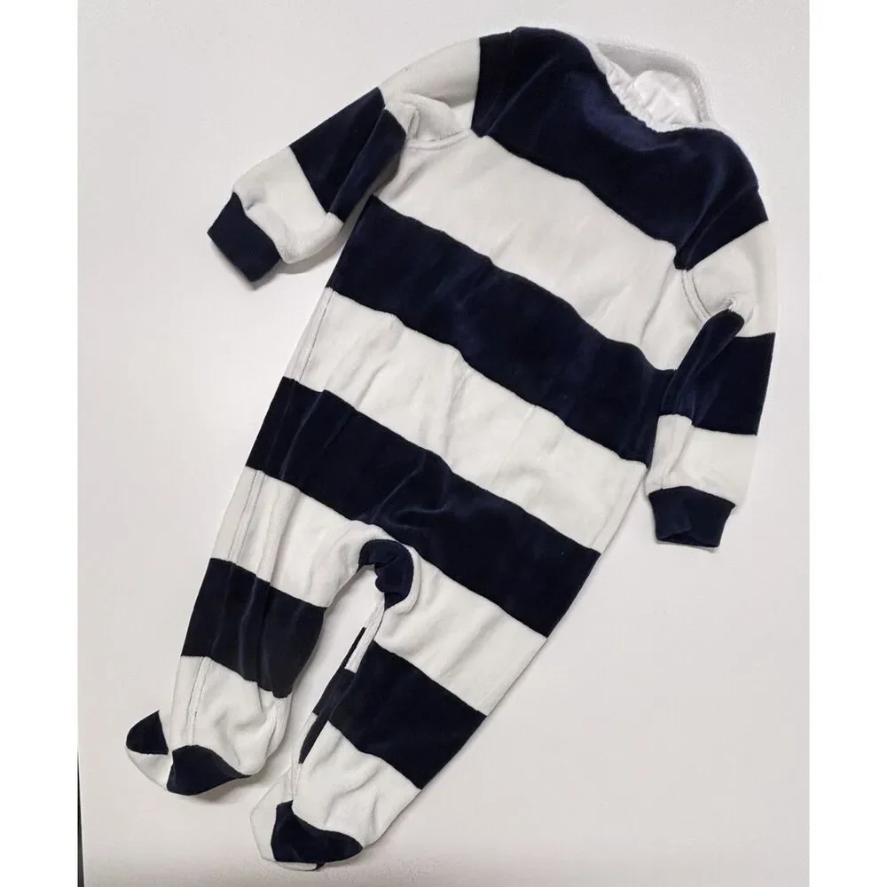 Ralph Lauren Baby 9M Navy White Rugby Stripe Footed Coverall One Piece Romper